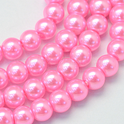 Perlas de perlas de vidrio pintado para hornear, pearlized, redondo, color de rosa caliente, 3~4mm, agujero: 0.5 mm, aproximamente 195 pcs / cadena, 23.6 pulgada