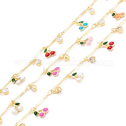 Handmade Brass Twisted Bar Link Chains, with Brass Enamel & Glass Charm, Cherry & Column, Long-Lasting Plated, Soldered, with Spool, Golden, Colorful, 14x1.5mm, about 32.8 Feet(10m)/roll