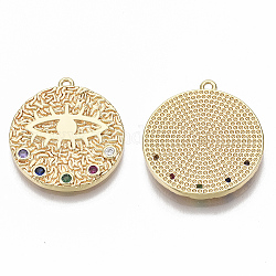 Brass Micro Pave Cubic Zirconia Pendants, Nickel Free, Flat Round with Eye, Real 18K Gold Plated, Colorful, 17x15x2mm, Hole: 1mm