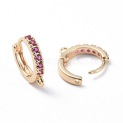 Brass Hoop Earring Findings, with Cubic Zirconia, Orchid, Nickel Free, Real 18K Gold Plated, 15x14x2.5mm, Hole: 1mm, pin: 0.8mm