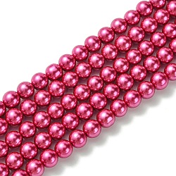 Hebras redondas de perlas de vidrio teñido ecológico, Grado A, cordón de algodón rosca, fucsia, 8mm, agujero: 1.2~1.5 mm, aproximamente 52 pcs / cadena, 15 pulgada