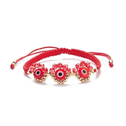 Fiore avvolto in filo metallico con braccialetto di perline intrecciate malocchio, gioielli di protezione fortunati per le donne, rosso, diametro interno: 2-1/4 pollice (5.65 cm) ~ 3-3/8 pollici (8.7 cm)