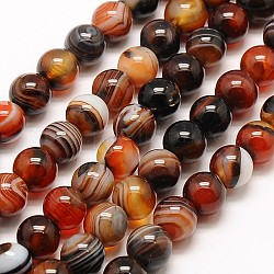Dyed Natural Striped Agate Round Beads Strands, Coconut Brown, 8mm, Hole: 1mm, about 52pcs/strand, 15.3inch