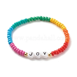 Bracelets extensibles word joy, laiton et acrylique opaque et peinture au four bracelets de perles de rocaille de verre, colorées, 0.4~0.7 cm, diamètre intérieur: 2-1/4 pouce (5.7 cm)