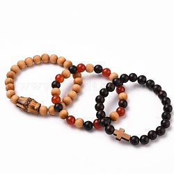 Stretch Bracelets Sets, with Natural Bodhi Beads, Natural Wooden Beads & Carnelian(Dyed & Heated) Beads, Inner Diameter: 2-1/4 inch(5.7cm), 3pcs/set
