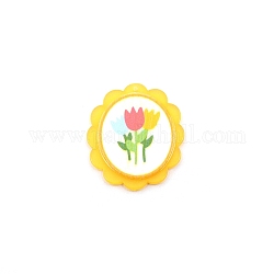 Opaque Embossed Printed Acrylic Pendants, Oval with Flower, Yellow, 39.5x35x2.5mm, Hole: 1.5mm