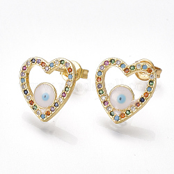 Brass Cubic Zirconia Stud Earrings, with Ear Nuts and Enamel, Heart with Eye, Golden, 13x13mm, Pin: 0.7mm