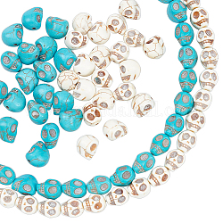 Perlen, 4 Strang, 2 Farben, synthetische türkisfarbene Perlenstränge, gefärbt, Schädel, für Halloween, Mischfarbe, 13x12x13 mm, Bohrung: 2 mm, ca. 26 Stk. / Strang, 2 Stränge/Farbe