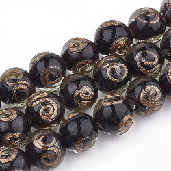 Perline murano con sabbia d'oro fatto a mano, tondo, nero, 11.5~12.5x11~12mm, Foro: 1.5~2 mm
