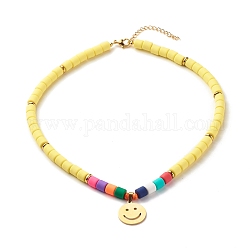 Handgefertigte Fimo- und synthetische Hämatit-Halsketten, 304 Halskette mit lächelndem Gesicht aus Edelstahl, mit Karabiner verschlüsse, Zitronen-Chiffon, 18.11 Zoll (46 cm)