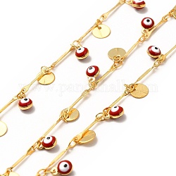 Cadenas de encanto de ojos malvados de esmalte rojo, con cadenas de eslabones de latón, soldada, con carrete, real 18k chapado en oro, 12.5x2x0.5mm