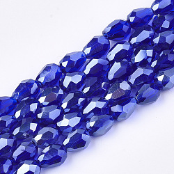 Abalorios de vidrio electroplate hebras, facetados, lustre de la perla chapado, lágrima, azul medio, 7.5~8x6mm, agujero: 1 mm, aproximamente 66~68 pcs / cadena, 22.6 pulgada