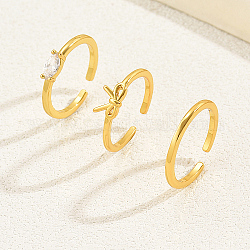 Set di anelli per polsini aperti con zirconi cubici da 3 pz, anelli impilabili in ottone con bowknot, vero placcato oro 3k, diametro interno: 18mm, 14~17pc / style