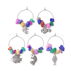 Fish Alloy Wine Glass Charms, with Synthetic Turquoise Beads and Brass Wine Glass Charm Rings, Mixed Color, 45~48mm