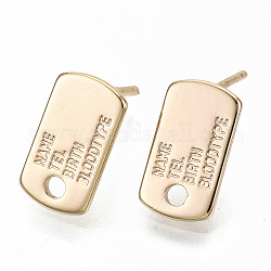 Brass Earring Findings, Nickel Free, Rectangle with Word Name & Brith & Tel & Blood Type, Real 18K Gold Plated, 12.5x7mm, Hole: 1.8mm, Pin: 0.7mm