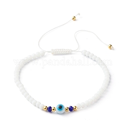 Bracelets de perles de nylon tressés réglables, perles de verre à facettes rondelles, perle ronde au chalumeau fait à la main, blanc, diamètre intérieur: 2-1/2 pouce (6.4~11.7 cm)