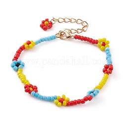 Glass Seed Beads Beaded Bracelets, with Golden Plated Zinc Alloy Lobster Claw Clasps, Flower, Colorful, 7-7/8 inch(20cm)