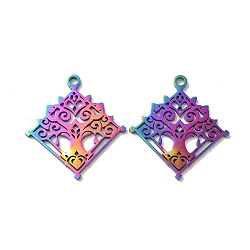 Ion Plating(IP) 304 Stainless Steel Pendant, Rhombus with Tree Charm, Rainbow Color, 33.5x30x1mm, Hole: 2.5mm