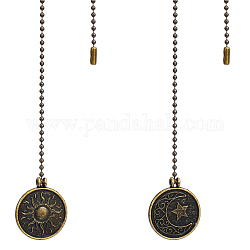 Messing Anhänger & Charms, mit Alu-Kugelkette, flache Runde mit Mond und Sonne, Antik Bronze, 35.4~36.5 cm, 2 Stück / Set