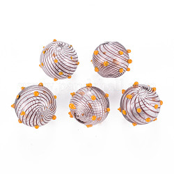 Perles de globe en verre soufflé à la main transparent, cahoteuse, rond avec motif à rayures, selle marron, 15x16~18mm, Trou: 1.2~2mm