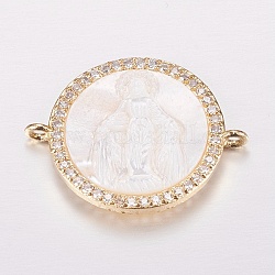 Brass Micro Pave Cubic Zirconia Links, Clear, with Shell, Flat Round with Virgin Mary, Golden, 18x23x4mm, Hole: 1mm