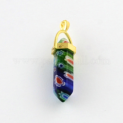 Millefiori Glass Pendants with Alloy Findings, Golden, Colorful, 40~42x8x8mm, Hole: 2mm
