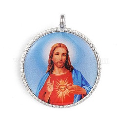 Плоские круглые подвески из сплава с узором Иисуса, платина, голубой, 35x30x2 мм, отверстие : 2 мм