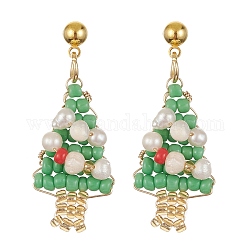 Orecchini pendenti con albero di Natale con perline di semi di vetro, gioielli con avvolgimento di filo di ottone dorato, verde mare, 33x13mm