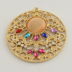 Flat Round Alloy Big Pendants, with ABS Plastic Cabochons and Resin Rhinestones, Golden, 54x50x6mm, Hole: 2mm