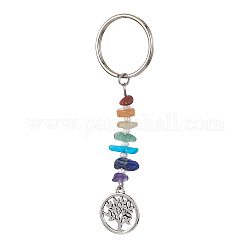 Porte-clés en pierres précieuses naturelles chakra, porte-clés pendentif arbre de vie en alliage, plat rond, 8.5 cm, pendentif: 20x17x1 mm