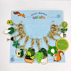 12Pcs 6 Style Green Color Theme Alloy Enamel Pendant Locking Stitch Markers, Zinc Alloy Lobster Claw Clasps Stitch Markers, Plants & Food, Mixed Color, 3.2~4.5cm, 1pc/style