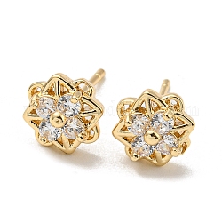 Brass with Clear Cubic Zirconia Stud Earrings, Flower, Light Gold, 9x9mm