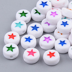 Perles en émail acrylique opaque, plat et circulaire avec étoile, couleur mixte, 7x4mm, Trou: 1.5mm
