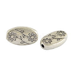 Ovale avec des perles en alliage de style tibétain de fleur, sans cadmium et sans plomb, argent antique, 10x6x2.5mm, Trou: 1.5mm