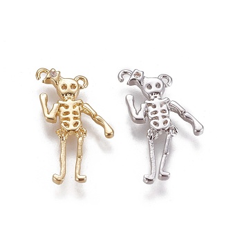 Brass Pendants, with Cubic Zirconia, Human Skeleton, Clear, Mixed Color, 17x9x1.5mm, Hole: 0.8mm