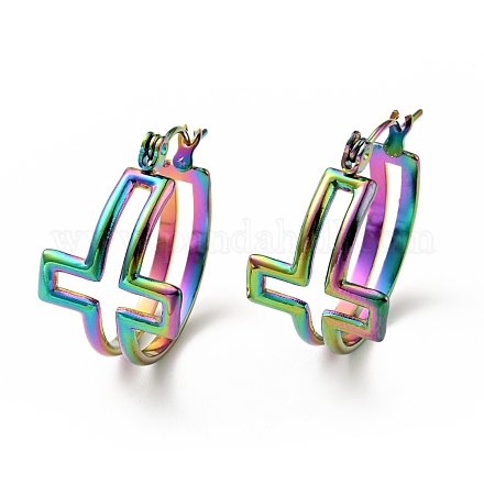 Pendientes de aro cruzados de acero inoxidable 304 de color arcoíris con revestimiento de iones (ip) para mujer EJEW-G293-02M-1