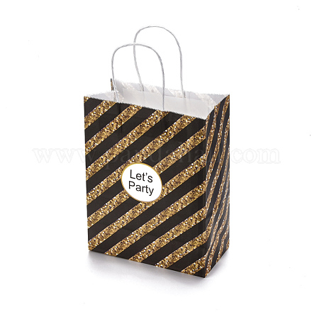 紙袋  ハンドル付き  ギフトバッグ  ショッピングバッグ  単語の入った四角形「レッツパーティー」  カラフル  縞模様  21x11x27cm CARB-L004-F07-1