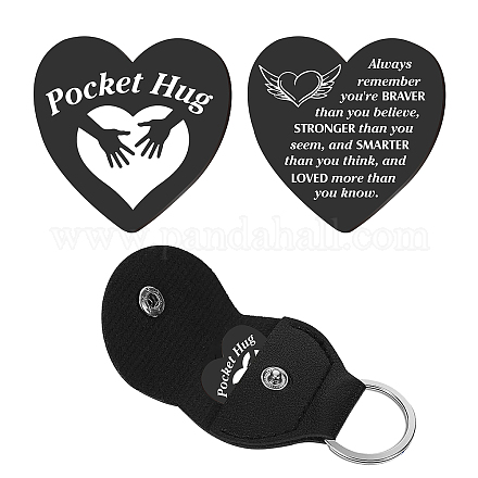 CREATCABIN Heart Pocket Hug Token Hand Heart Long Distance Relationship Keepsake Keychain Stainless Steel Double Sided with Leather Keychain Gift for Family Friends Women Men Black 1Inch AJEW-CN0001-68D-1