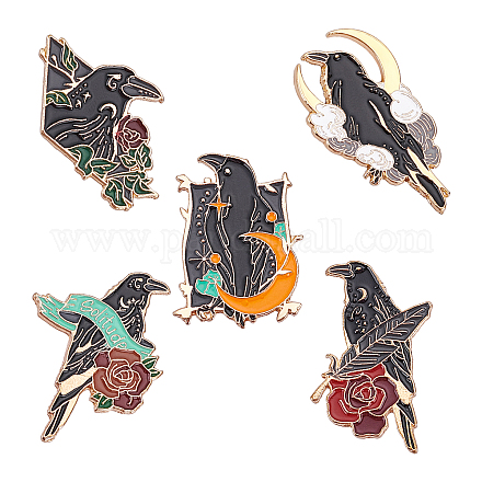 PandaHall 5pcs Enamel Brooch 5 Styles Crow Enamel Lapel Pin Rose Moon Alloy Vintage Animal Brooch with Butterfly Clutch and 100pcs EVA Foam Pad for Jeans Jacket Hat Bag JEWB-PH0001-20-1