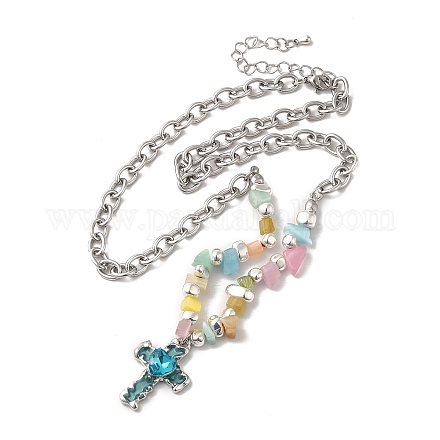 Alloy Glass Cross Pendant Necklace with Cat Eye Chips Beaded Chains NJEW-Q001-02P-1