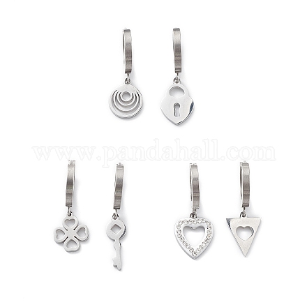 3 paire 3 style cristal strass trèfle & serrure & clé & triangle & plat rond & coeur boucles d'oreilles asymétriques EJEW-B020-01P-1