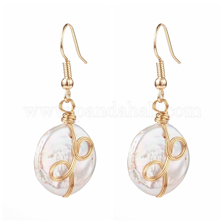 Wire Wrapped Natural Baroque Pearl Keshi Pearl Dangle Earrings EJEW-JE04506-02-1