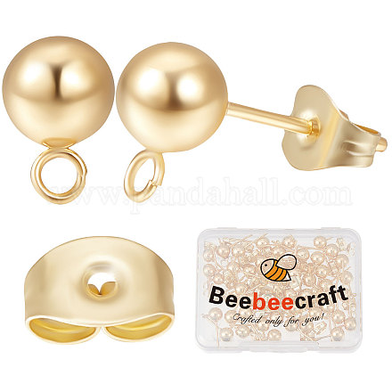 Beebeecraft 1 Box 50Pcs Ball Stud Earring Findings 24K Gold Plated Stud Earring Post with Loops Ball Ear Pin Component 9x6mm for Wedding Mother's Day Valentine's Day DIY Earring Making STAS-BBC0001-90-1