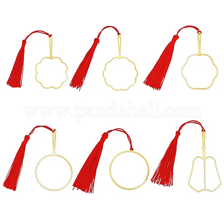 PandaHall Elite 6Pcs 6 Style Chinese Ancient Hand Fan Shape Brass Wire Wrap Metal Bookmark with Tassel for Book Lover AJEW-PH0003-35-1