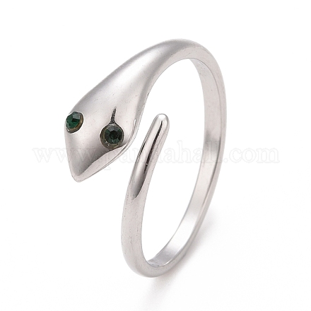 304 Stainless Steel Snake Wrap Open Cuff Ring with Rhinestone for Women RJEW-E062-B02-01P-1