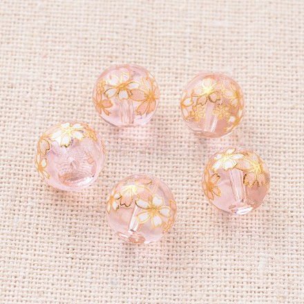 Flower Picture Printed Glass Round Beads GLAA-J089-10mm-A05-1