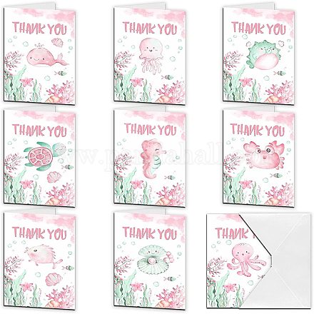 海洋生物の模様が描かれたスーパーダント レクタングル  紙の封筒付き  ピンク  ありがとうテーマカード: 1 セット DIY-SD0001-06-1