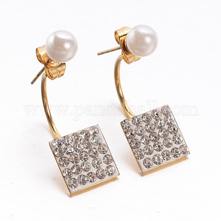 304 Stainless Steel Rhinestone Square Ear Studs EJEW-M168-06G-1