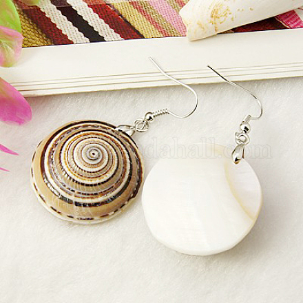 Natural Sea Shell Flat Round Dangle Earring EJEW-G032-14-1