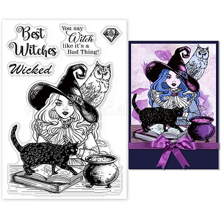 GLOBLELAND Halloween Witch Owl Cat Background Clear Stamps Magical Woman Silicone Clear Stamp Seals for Cards Making DIY Scrapbooking Photo Journal Album Decoration DIY-WH0167-56-1122-1